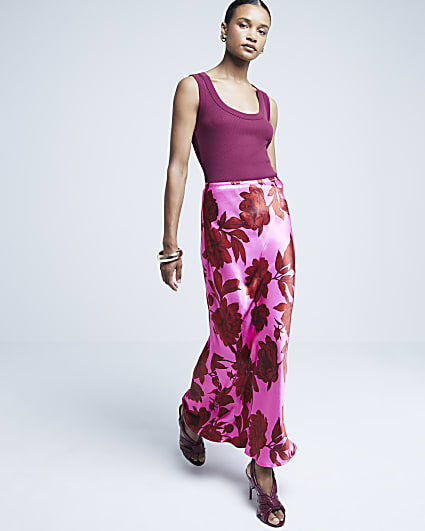 Pink satin floral maxi skirt