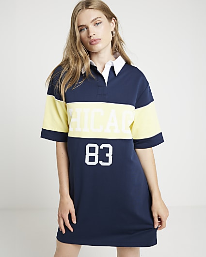 Navy stripe collared t-shirt mini dress