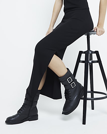 Black Double Buckle Lace Up Boots