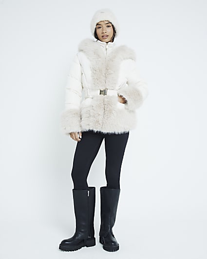 Petite Cream Faux Fur Trim Padded Jacket