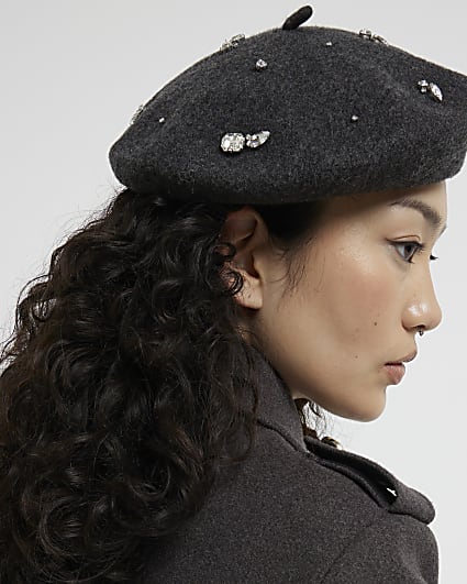 Grey Diamante Embellished Beret