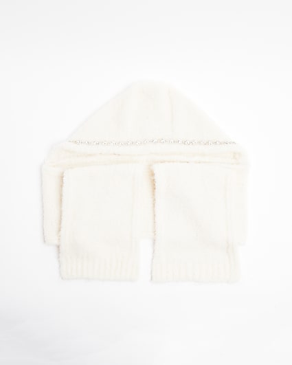 Cream Diamante Trim Cosy Hooded Scarf