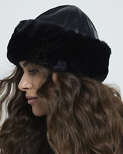 Black Faux leather Turn Up Hat