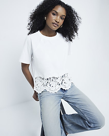 Cream Short Sleeve Crochet Trim Hem T-Shirt