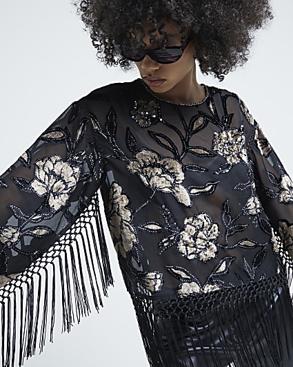 Black Devore Floral Embellished Fringe Top