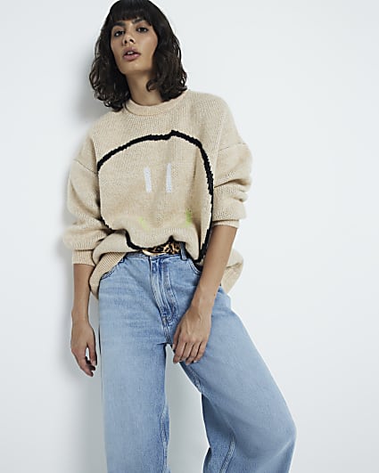 Beige Knit Graphic Oversized Jumper