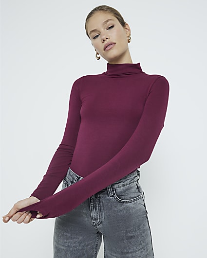 Red Long Sleeve Roll Neck Top