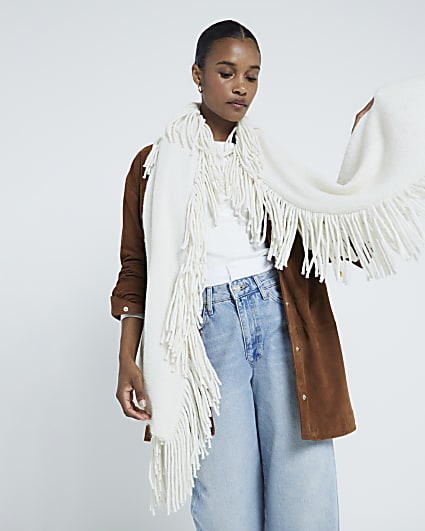 Cream Extreme Tassel Knitted Scarf