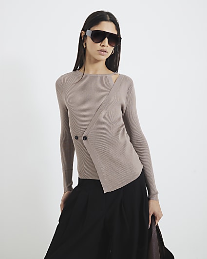 Beige Long Sleeved Wrap Asymmetric Top