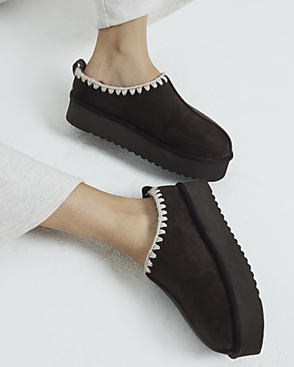 Brown suedette faux fur platform mules