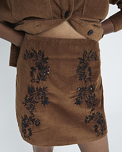 Brown Embellished Corduroy Mini Skirt