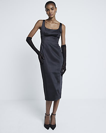 Black Satin Tailored Midi Dress