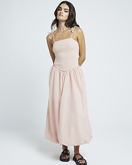 Pink bubble hem smock midi dress