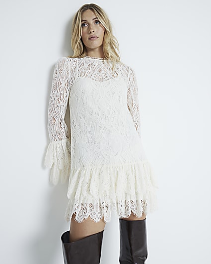 White Lace Tiered Shift Mini Dress