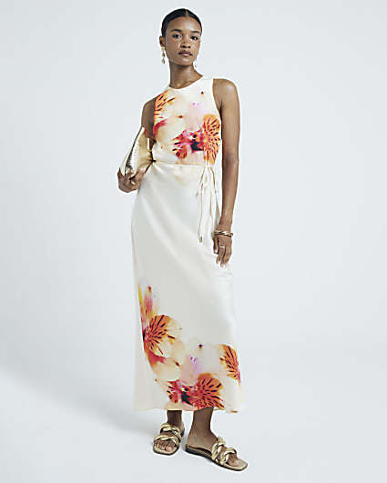 Cream floral belted slip midi dress