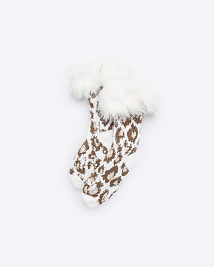 Beige Faux Fur Lined Leopard Print Sock