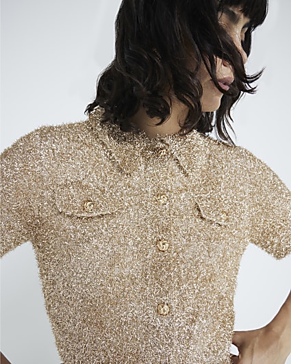 Gold Tinsel Button Up Top