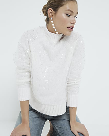 Cream Sequin Overlay High Neck Jumper