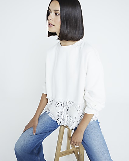 White Crochet Hem Sweatshirt