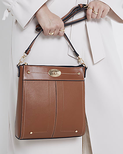 Brown Lock Hardware Cross Body Bag