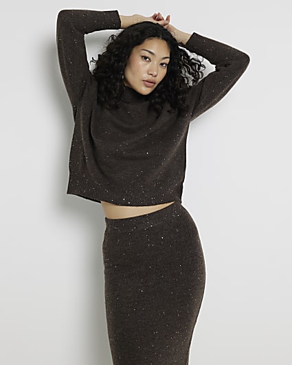 Brown High Neck Sequin Jumper