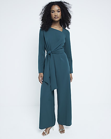 Green Tailored Wrap Front Jumpsuit