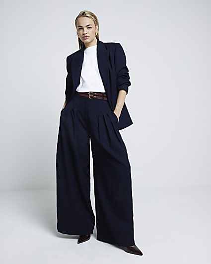 Navy double belted wide leg trousers