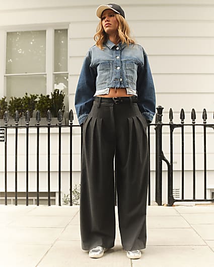 Grey double belted wide leg trousers