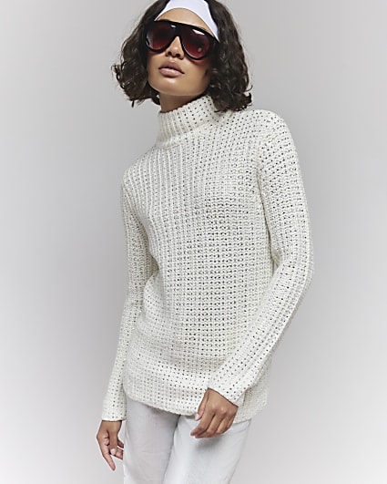 White Embellished High Neck Jumper