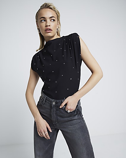 Black studded shoulder pad top