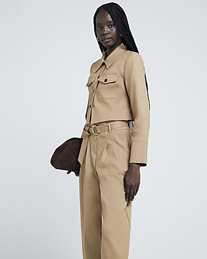 Beige Belted Super Wide Trousers