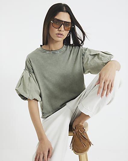 Khaki Puff Short Sleeve Washed T-Shirt