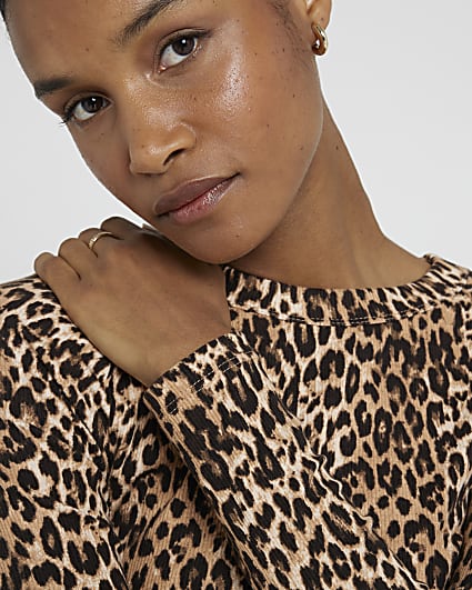 Brown Leopard ribbed fitted long sleeve top