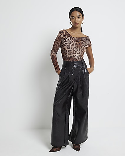 Petite brown mesh leopard asymmetric bodysuit