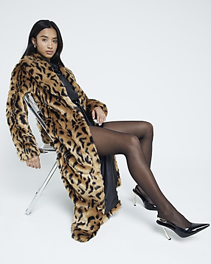 Petite Brown Faux Fur Leopard Collar Coat