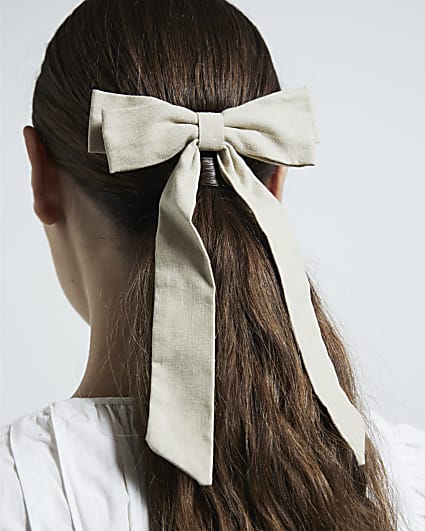 Brown linen blend bow hair clip