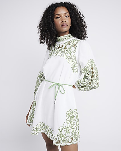 White embroidered belted shift mini dress