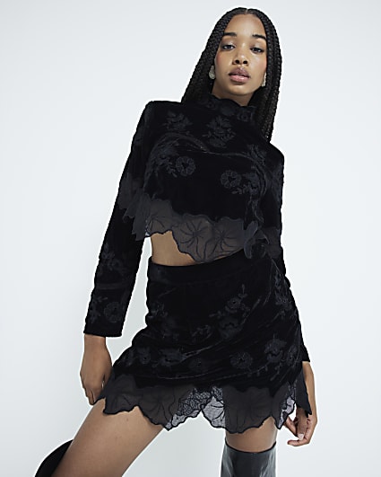 Black Velvet Long Sleeve Floral Crop Top