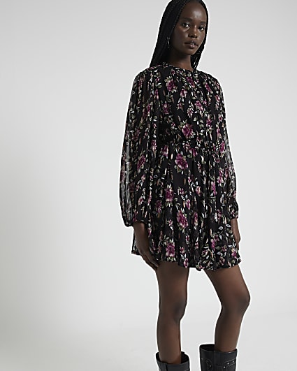 Black Floral Smock Mini Dress