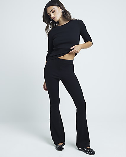 Black High waisted Ribbed Flare Leggings