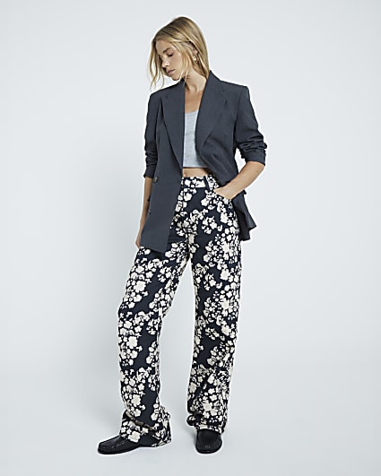 Black Relaxed Straight Floral Jeans