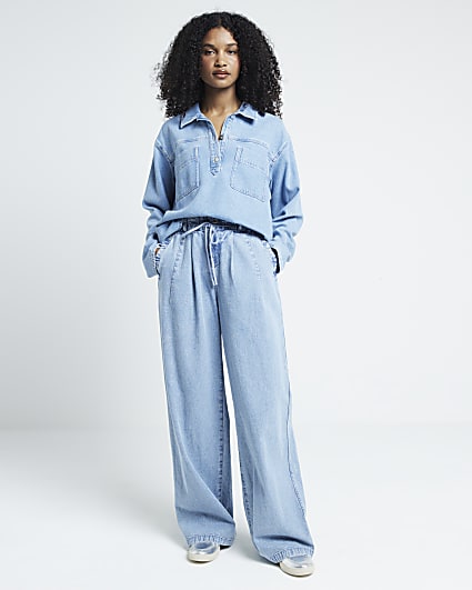 Blue loose wide leg drawstring jeans