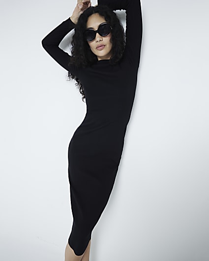 Black Long Sleeve Ribbed Midi Dress