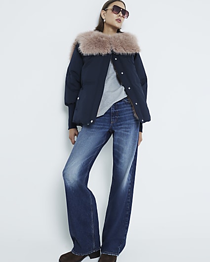 Navy Padded Faux Fur Collar Jacket