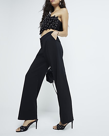 Black Jersey Twill Wide Leg Trousers