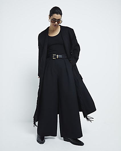 Black Premium Handmade Fringed Belted Coat