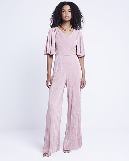 Pink plisse flute sleeve jumpsuit