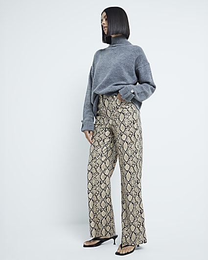 Brown Snake Print Straight Leg Trousers