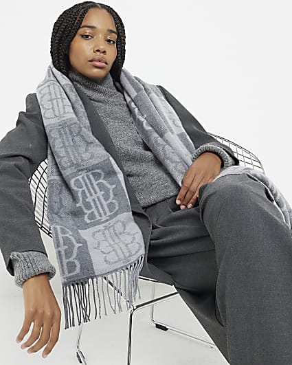 Grey Monogram Grid Scarf