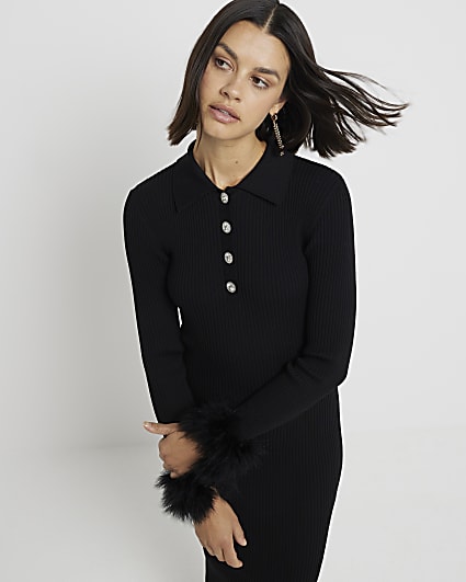 Black Long Sleeve Feather Button Midi Dress